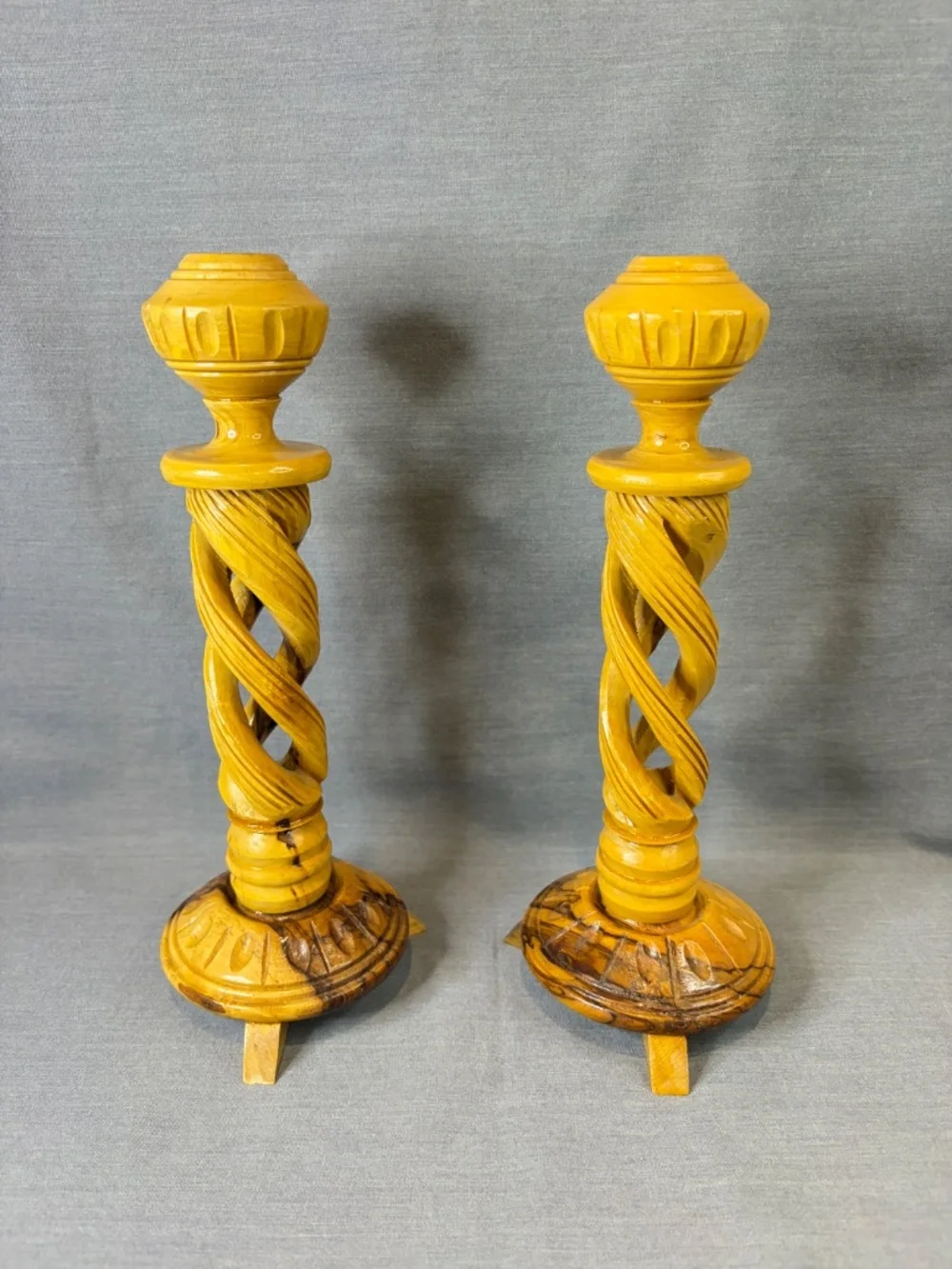 Olive Wood Candlestick Pair Hollow Spiral Barley Twist Hand Carved Bethlehem